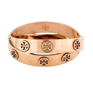 Tory Burch Logo Studded Hinged Bangle Bracelet Rose Gold